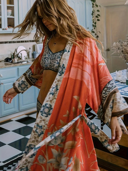 Lange Kimono Dames Bloemenprint Zomerjurk