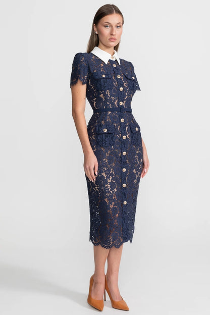 Bloemenkant Jurk Dames Marineblauw Met Kraag en Ceintuur