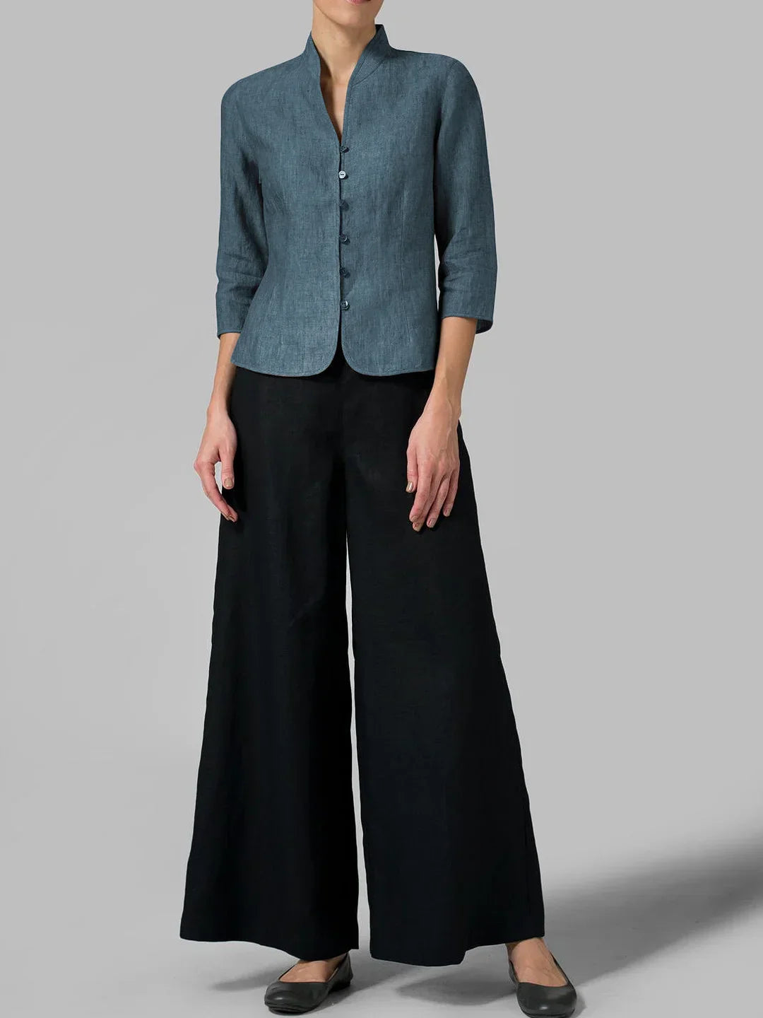 Vrouwelijke Blouse met Opstaande Kraag Blauw Chambray