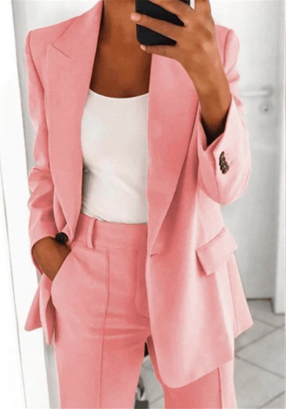 Vrouwelijke Blazer Set Lange Blazer Wijde Broek Klassiek Design