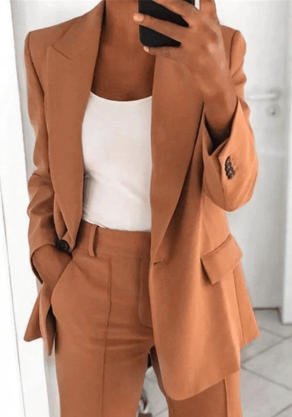 Vrouwelijke Blazer Set Lange Blazer Wijde Broek Klassiek Design