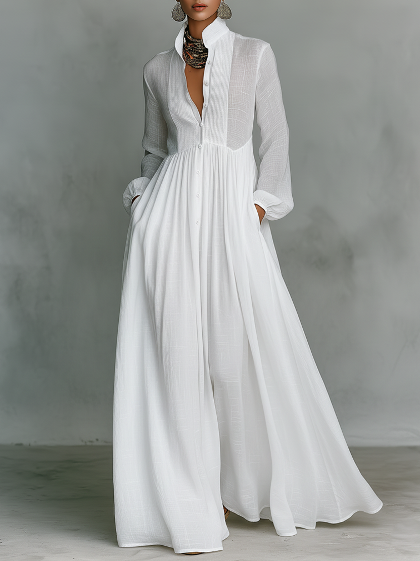 Dames maxi-jurk linnen patchwork staande kraag - StudioMarella