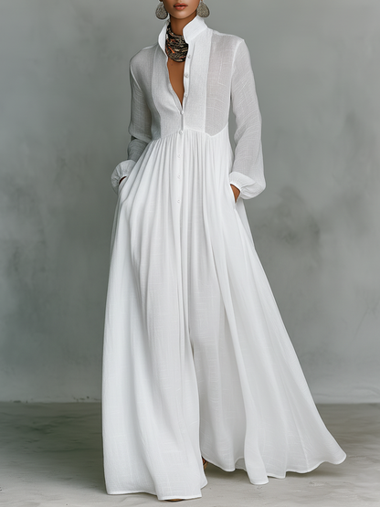 Dames maxi-jurk linnen patchwork staande kraag - StudioMarella
