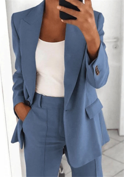 Vrouwelijke Blazer Set Lange Blazer Wijde Broek Klassiek Design