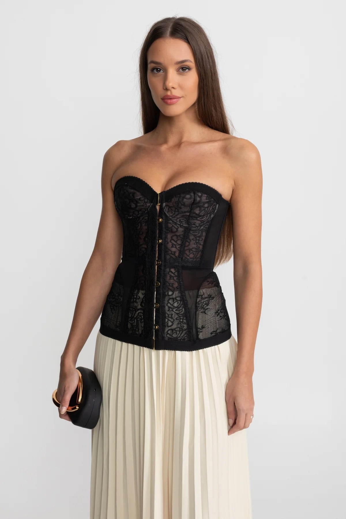 Kanten Corset Top Zwart met Beugels en Voorzijde Sluiting
