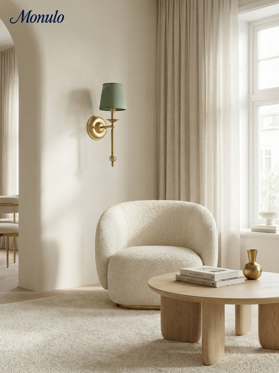 Stoffen Wandlamp met Vintage Koperen Afwerking – Sfeervolle Verlichting voor Hal, Slaapkamer en Woonkamer