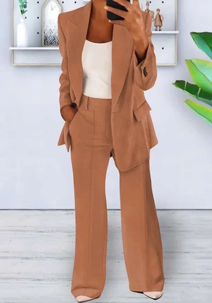 Vrouwelijke Blazer Set Lange Blazer Wijde Broek Klassiek Design