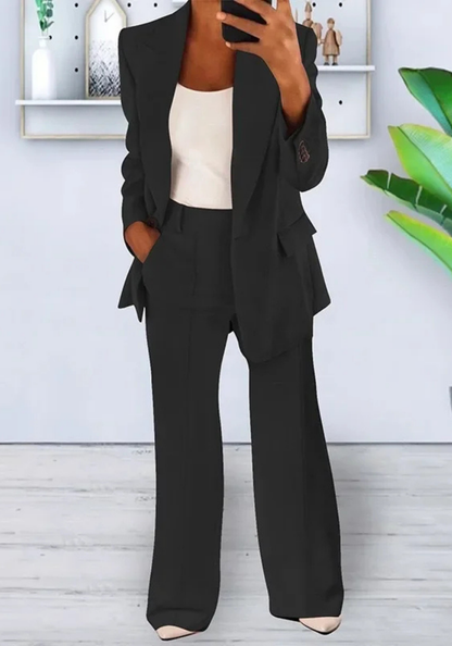 Vrouwelijke Blazer Set Lange Blazer Wijde Broek Klassiek Design