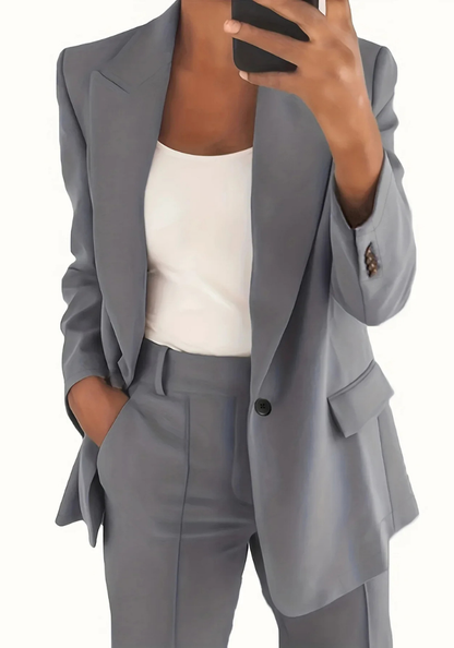 Vrouwelijke Blazer Set Lange Blazer Wijde Broek Klassiek Design