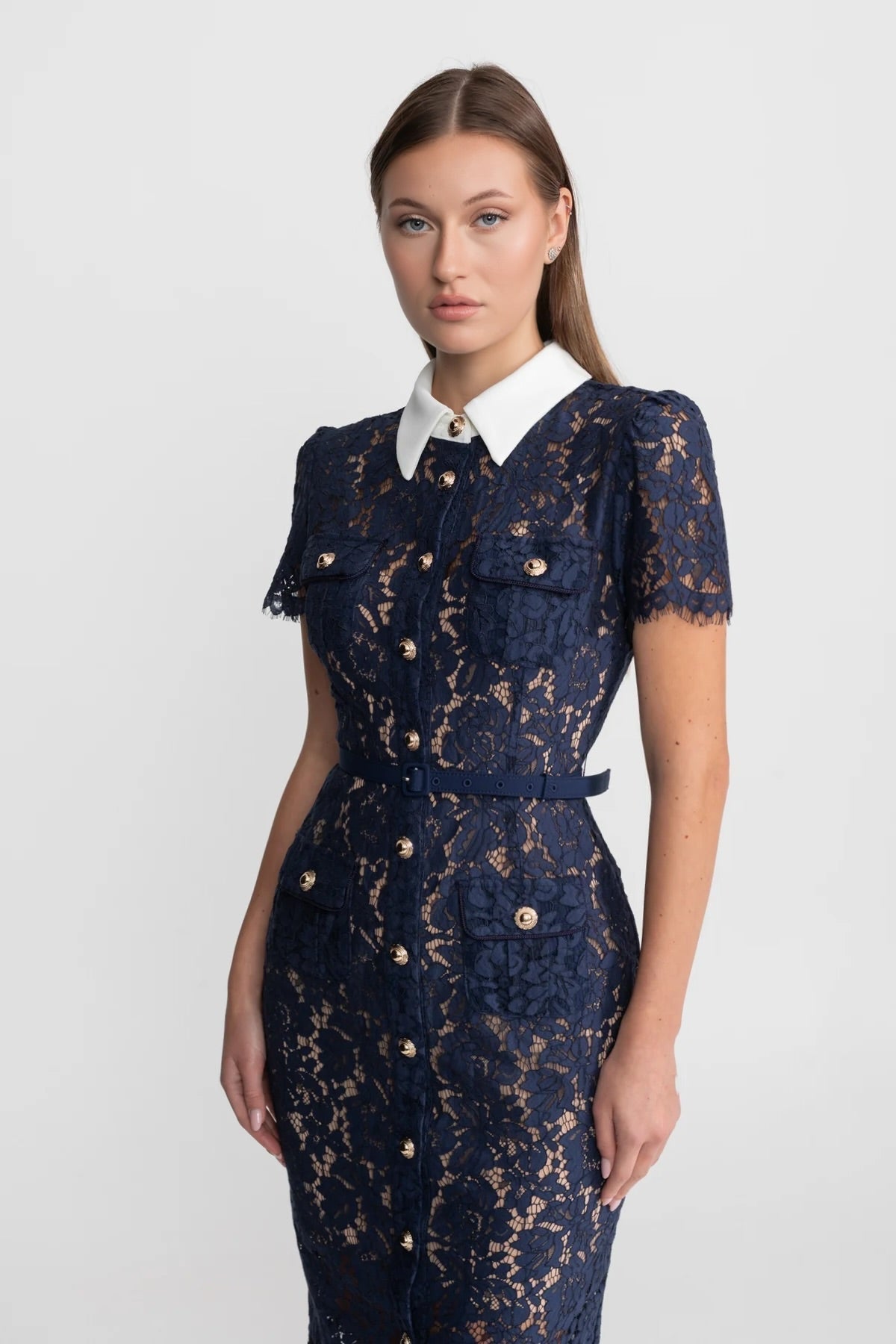 Bloemenkant Jurk Dames Marineblauw Met Kraag en Ceintuur