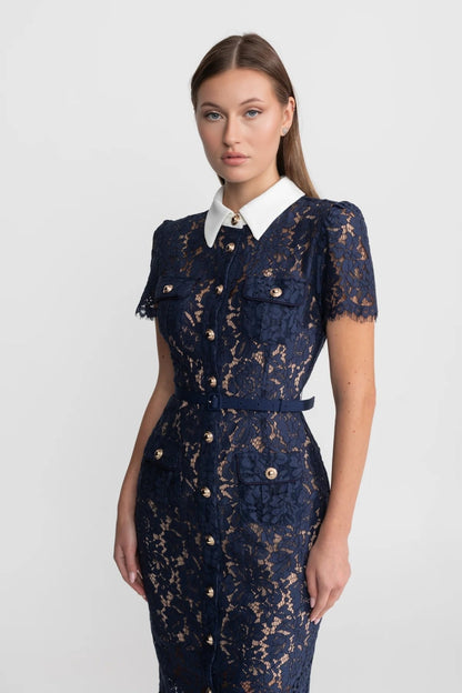 Bloemenkant Jurk Dames Marineblauw Met Kraag en Ceintuur