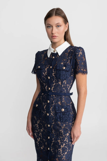 Midi Jurk Dames Marineblauw Bloemenkant met Kraag en Ceintuur