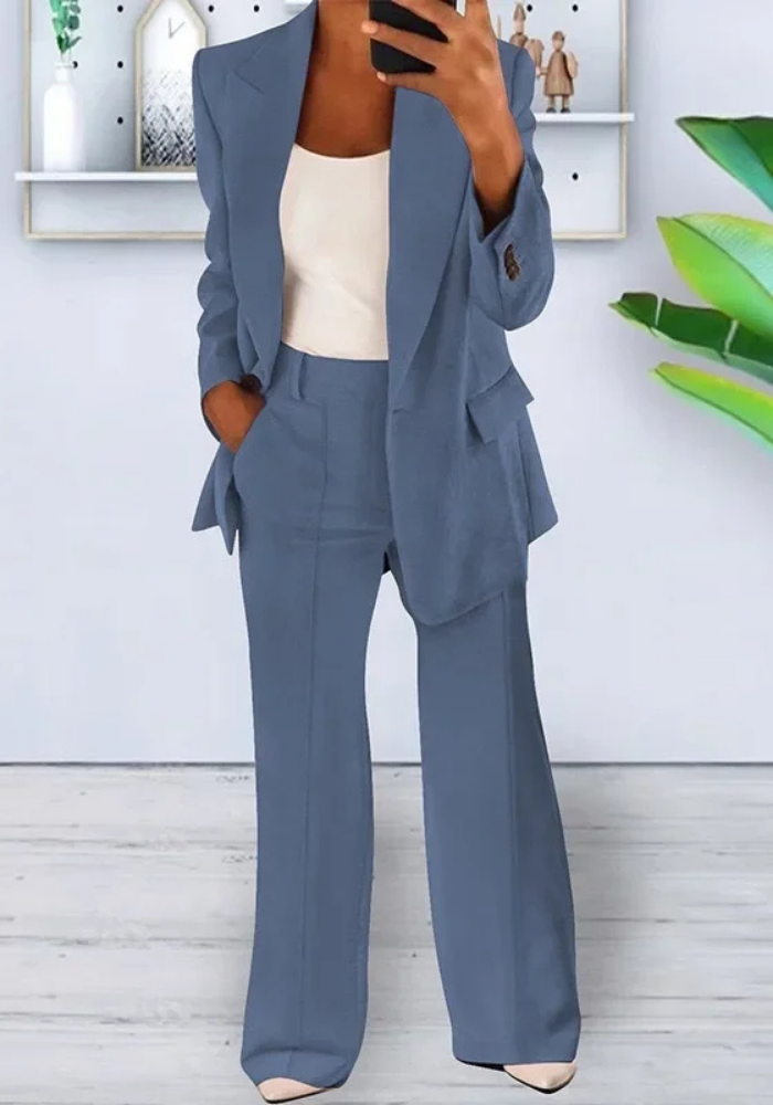 Vrouwelijke Blazer Set Lange Blazer Wijde Broek Klassiek Design