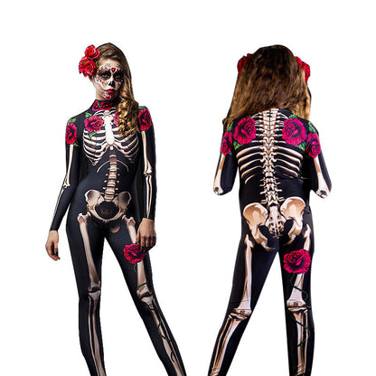 Dames Halloween Kostuum Catsuit Skelet met Rozen