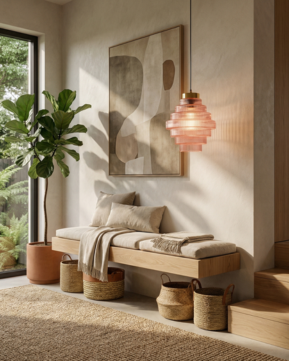 Moderne trapsgewijze glazen hanglamp met gouden detail voor eetkamer en woonkamer – luxe design verlichting