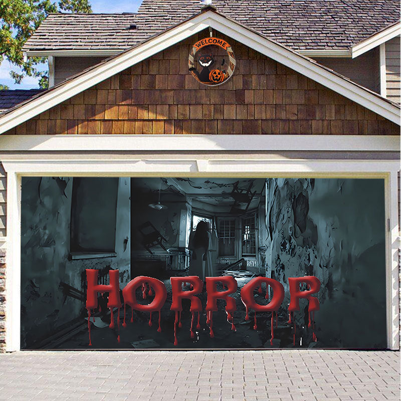 Halloween Garagedeur Decoratie Spookachtige Bedrukking Schaduwdoek Herbruikbaar Horror Sfeer Doek Waterdicht Buiten Feestversiering
