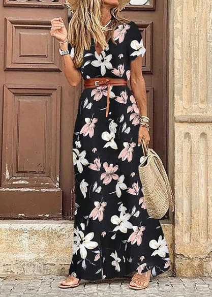 Vrouwen Maxi Jurk Zomer Boho Stijl V-hals Korte Mouwen