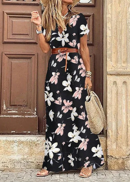 Vrouwen Maxi Jurk Zomer Boho Stijl V-hals Korte Mouwen