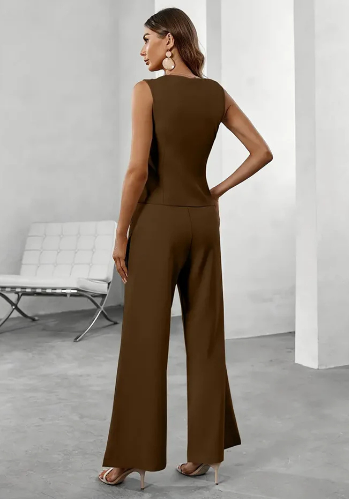 Dames Gilet en Wijde Broek Set Met Knopen Elegant