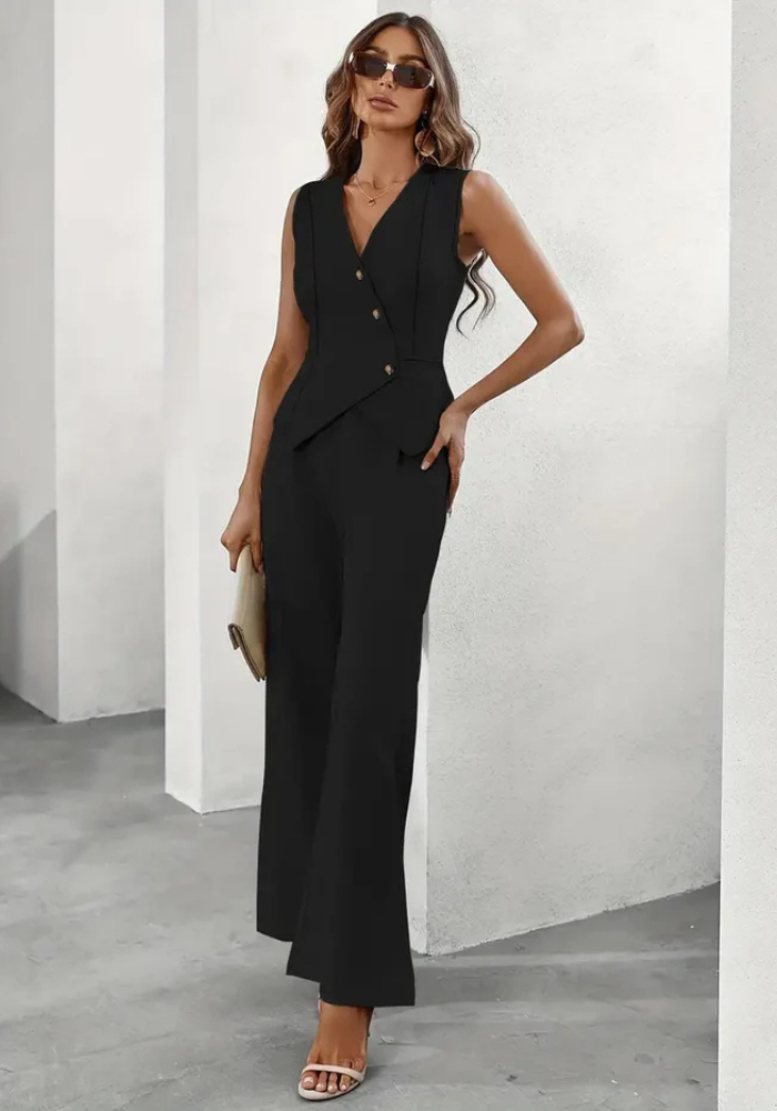 Dames Gilet en Wijde Broek Set Met Knopen Elegant