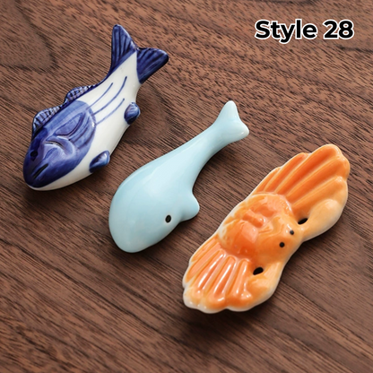 Keramische Eetstokjessteun met Dier- en Fruitmotieven – Set van 3