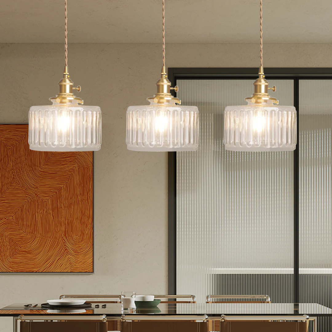 Quilivon Hanglamp Glas Messing Groen E27 Keuken Eettafel Retro Verlichting Geribbeld Glas Design