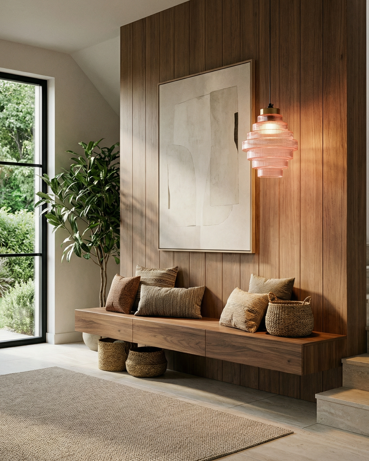 Moderne trapsgewijze glazen hanglamp met gouden detail voor eetkamer en woonkamer – luxe design verlichting