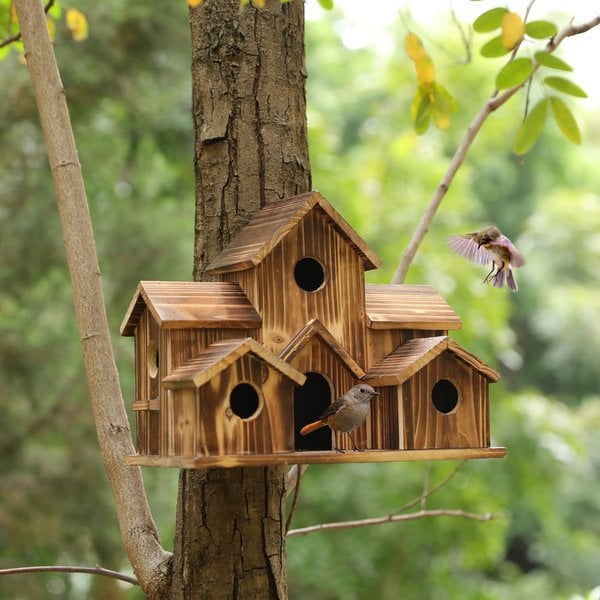 Vogelhuisje Hout 20cm Bruin Hangend Tuin Vogelhuis Nestkast 6 Gaten Buiten Balkon Decoratie Natuur