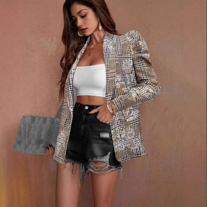 Dames Blazer Geruit Pofmouwen Stijlvolle Pasvorm