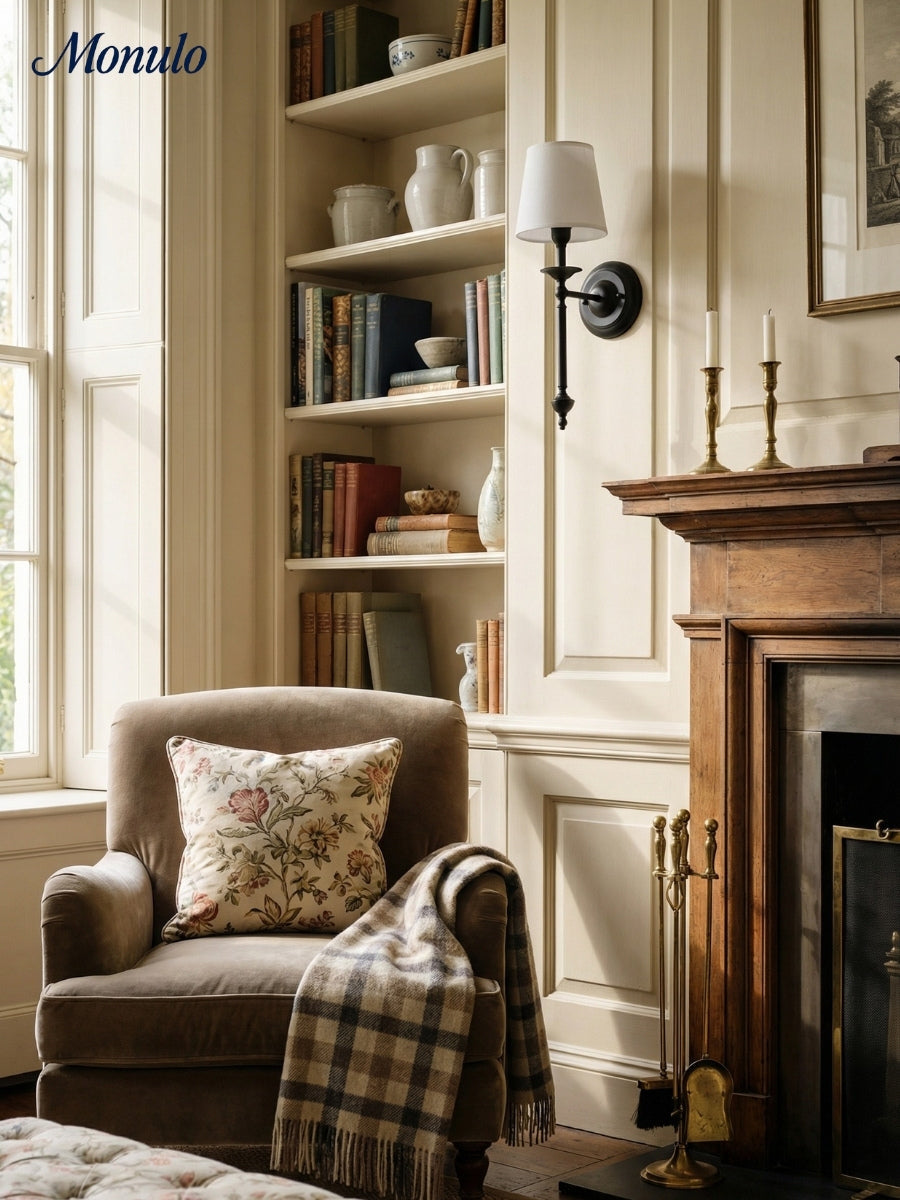 Stoffen Wandlamp met Vintage Koperen Afwerking – Sfeervolle Verlichting voor Hal, Slaapkamer en Woonkamer