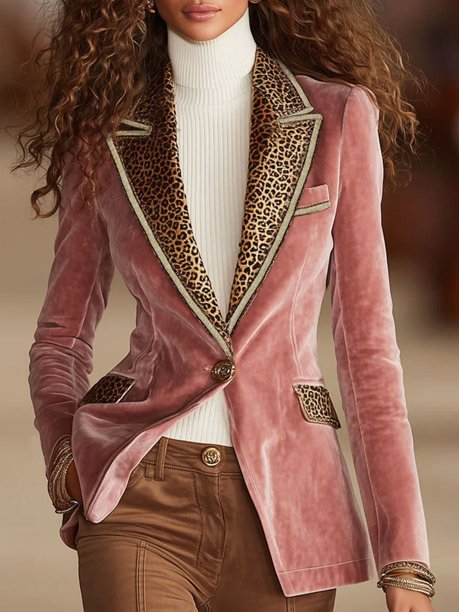 Dames Blazer Fluwelen Luipaardprint Roze Eénknoopsluiting - StudioMarella
