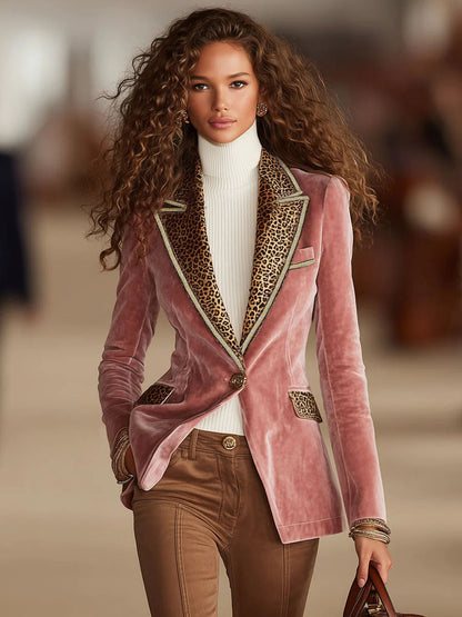 Dames Blazer Fluwelen Luipaardprint Roze Eénknoopsluiting