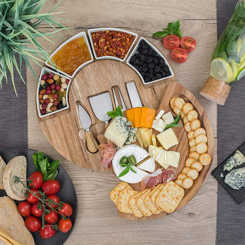 Kaasplank Set Acacia Hout 33cm Rond met Keramische Kommen en Messen Charcuterie Borrelplank Serveerplank