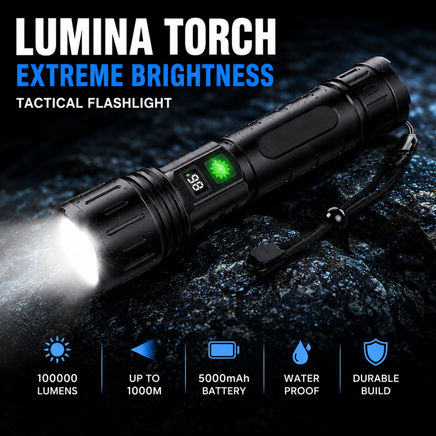 Tactische Zaklamp met Oplaadbare 5000mAh Batterij - Krachtige LED 100000 Lumen - Waterdicht & Schokbestendig - Met LCD Batterij-indicator & Powerbank Functie