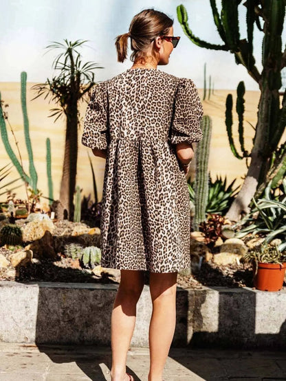 Dames Jurk Luipaardprint Kort Model met Puffmouwen