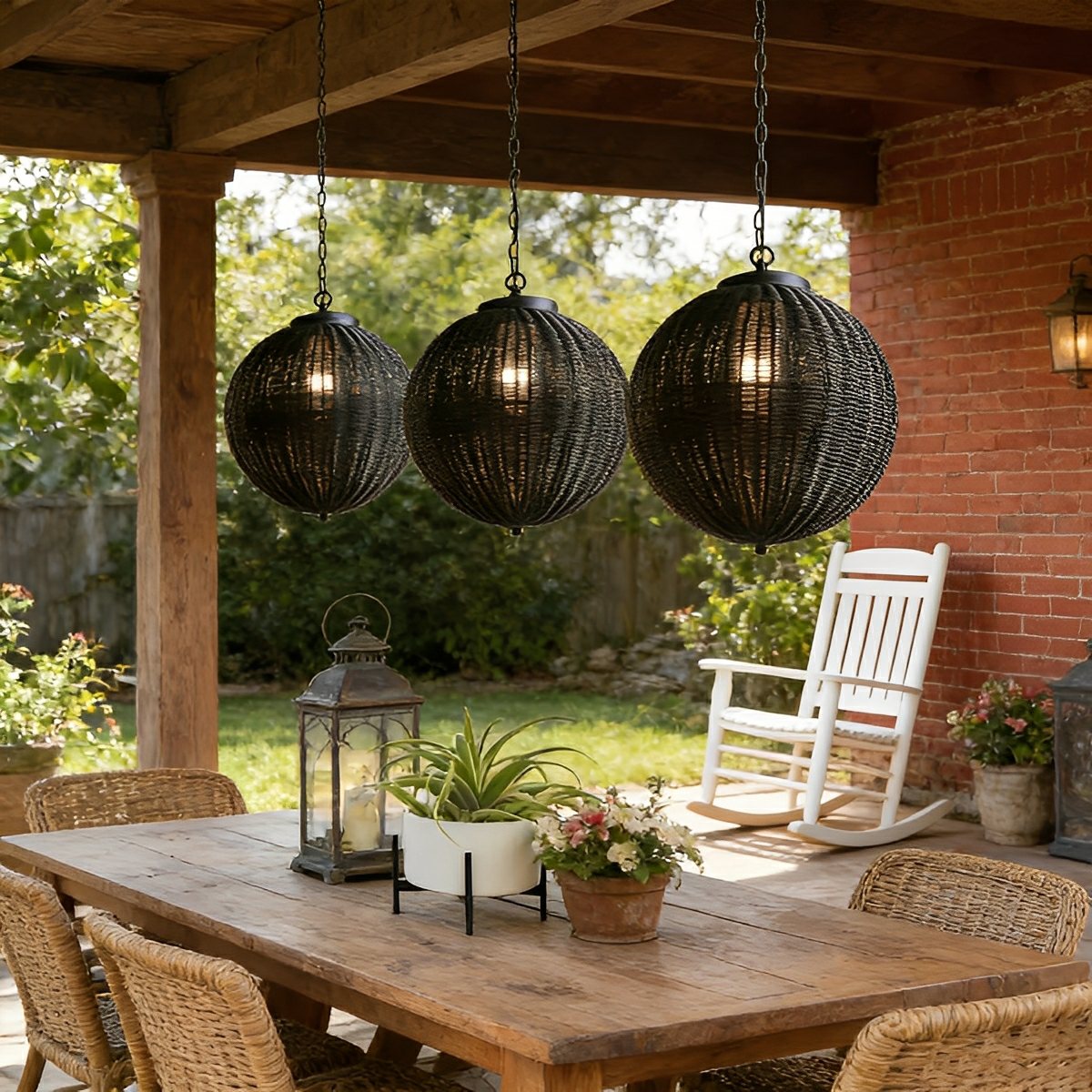 Hanglamp Buiten Rotan Zwart E27 Tuin Retro Ronde Buitenlamp Verstelbaar Snoer Patio Veranda Buitenverlichting Landelijk