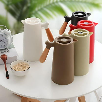 Thermoskan 1L RVS Houten Handvat Beige Keuken Koffie Thee Geïsoleerde Karaf Dubbelwandig Lekvrij Design Karaf Scandinavisch