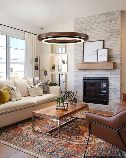 Houten Ringkroonluchter LED Ingebouwd Warm Wit Dimbaar Eetkamer Woonkamer Plafondlamp Modern Farmhouse