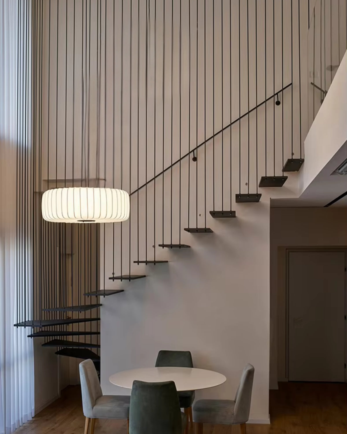 Moderne hanglamp met stoffen lampenkap – minimalistische design plafondlamp in stretchstof voor eetkamer en woonkamer