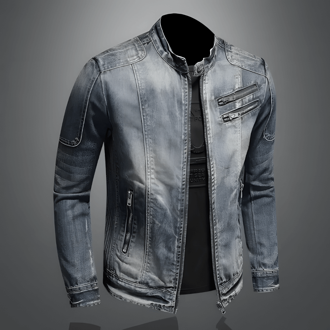 Retro Spijkerjack Heren Vintage Zakken Leder Look - StudioMarella