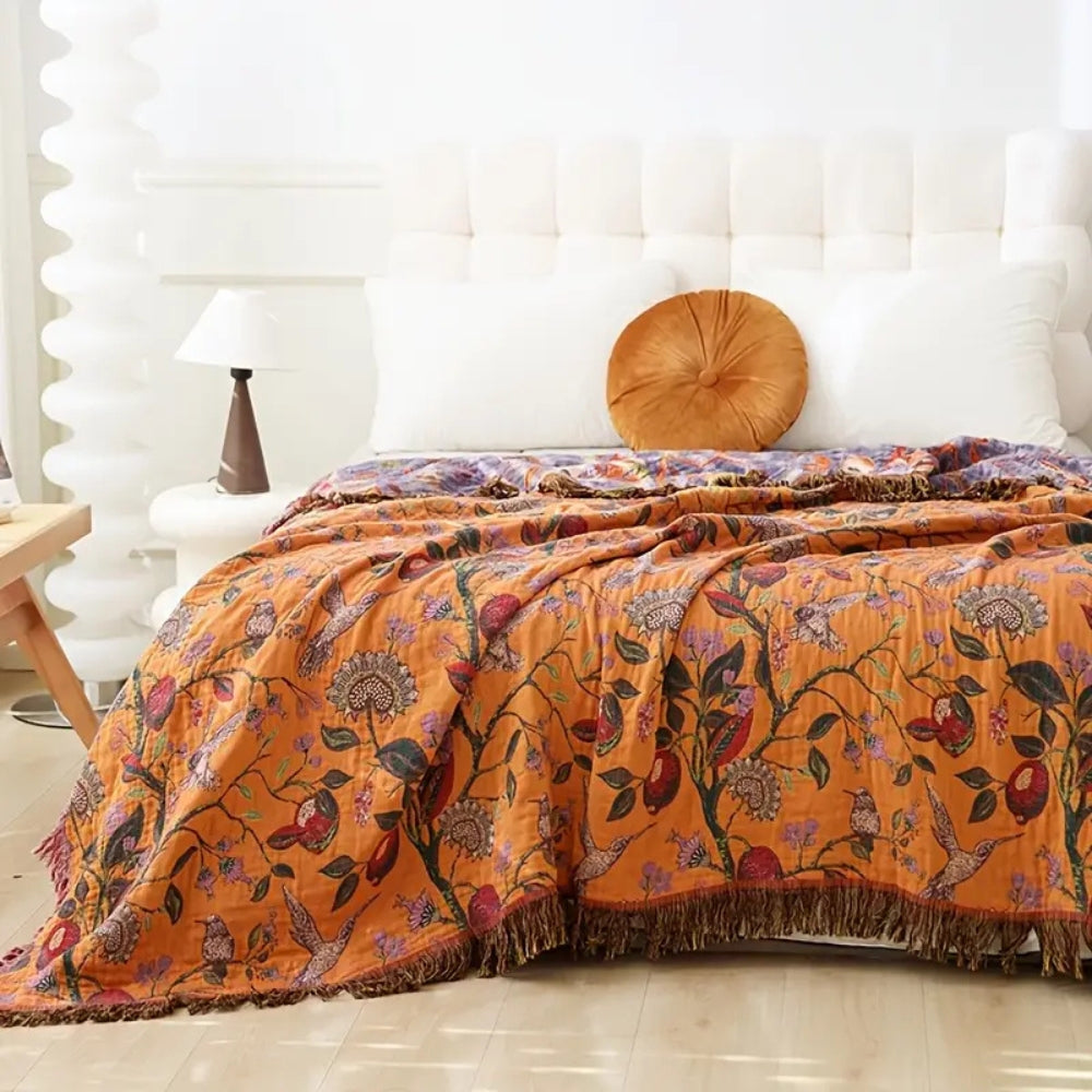 Botanische Katoenen Plaid met Kwasten – Gebloemde Jacquardweving Omkeerbaar Bedsprei Bankkleed Fauteuil Deken voor Alle Seizoenen