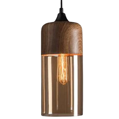 Scandinavische Hanglamp met Glazen Kap – Dimbaar Plafondlicht met Houtafwerking