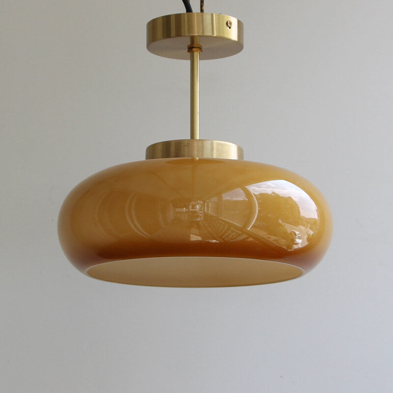 Vintage Plafondlamp van Geel Glas met Messing | Semi-Flush LED Plafondverlichting