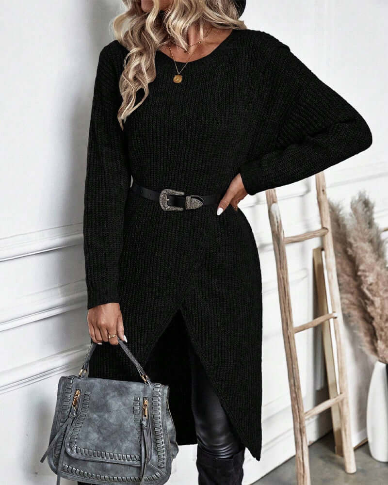 Dames Trui Jurk Gebreid met Lange Mouwen en Patchwork Detail