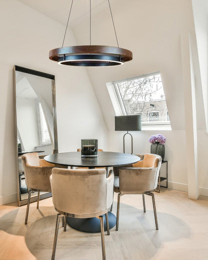 Houten Ringkroonluchter LED Ingebouwd Warm Wit Dimbaar Eetkamer Woonkamer Plafondlamp Modern Farmhouse