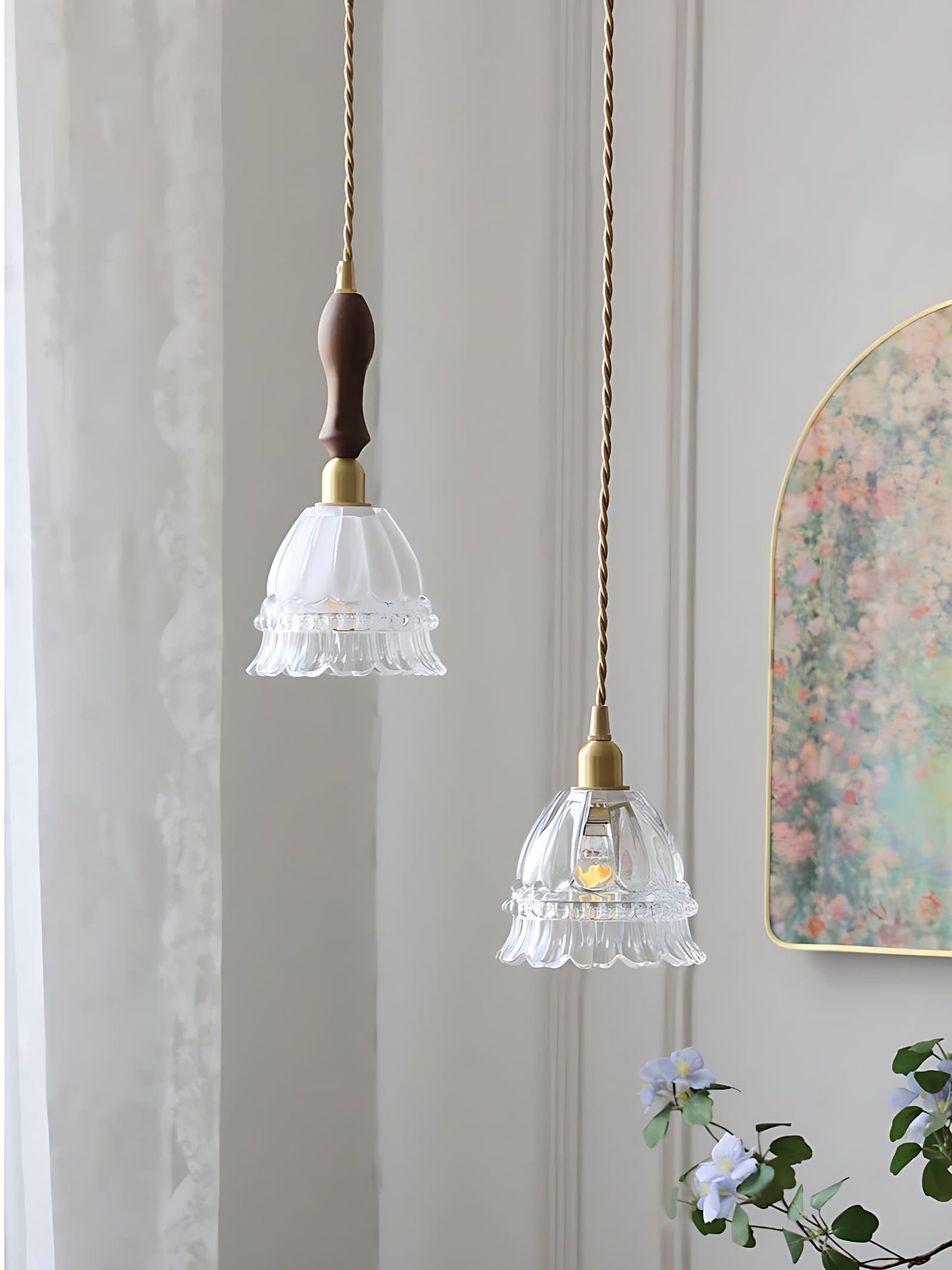 Franse Landelijke Hanglamp Glazen Kap Kwallen Design Transparant of Amber met Walnoot Greep Sfeerverlichting Eetkamer Elegante Plafondlamp
