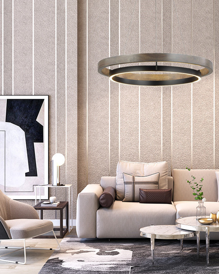 Houten Ringkroonluchter LED Ingebouwd Warm Wit Dimbaar Eetkamer Woonkamer Plafondlamp Modern Farmhouse