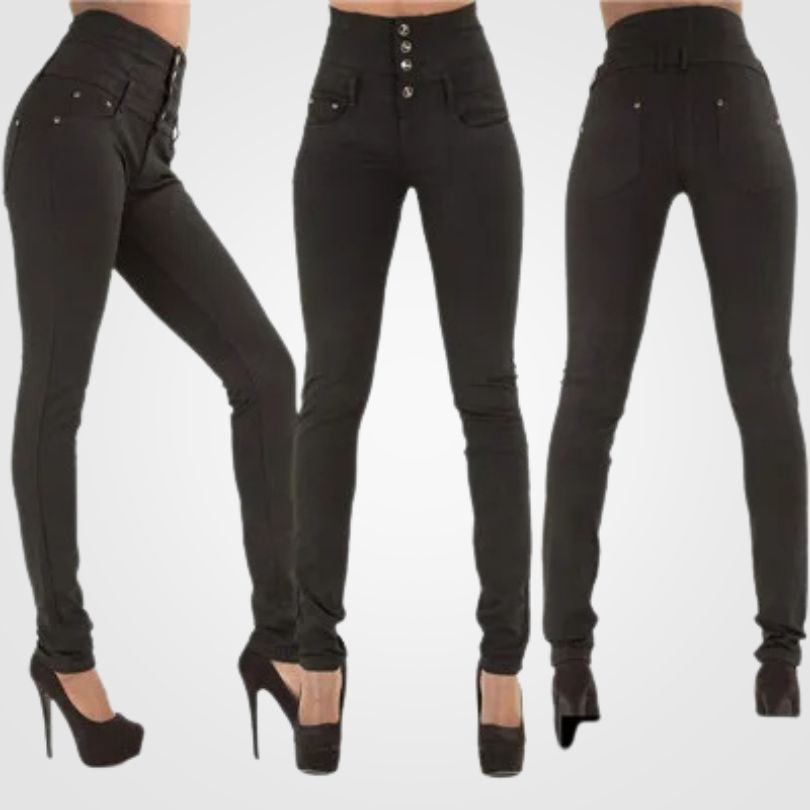 Hoge Taille Jeans Dames Slim Fit Donkerblauw Denim