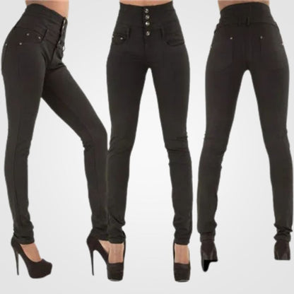 Hoge Taille Jeans Dames Slim Fit Donkerblauw Denim