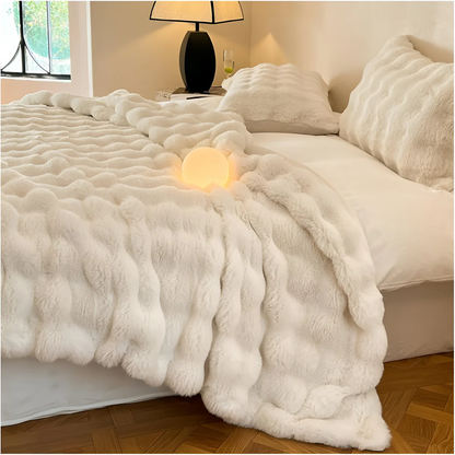 Fleece deken polyester kunstbont beige bank bed plaid warm zacht luxe woondeken winter